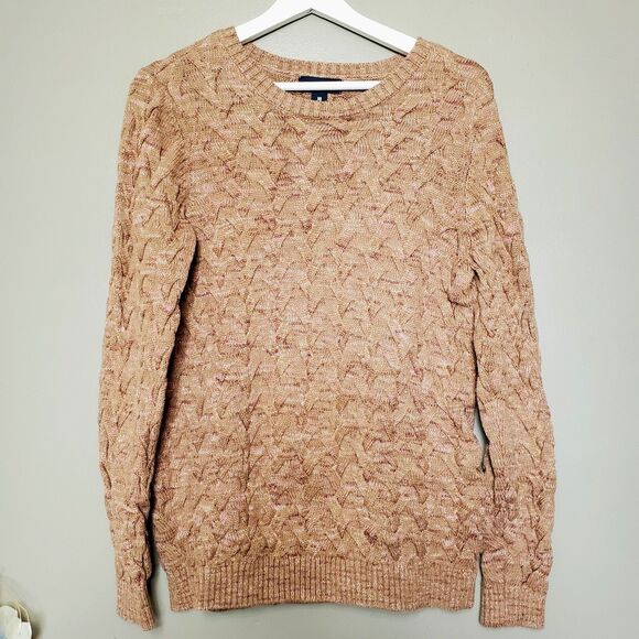 Lands' End Sweaters - Lands' End Drifter Sweater Womens Size Medium Brown Pink Cotton Braided Knit